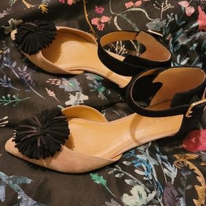 J. Crew nude flats with black tassels and ankle straps, size 7